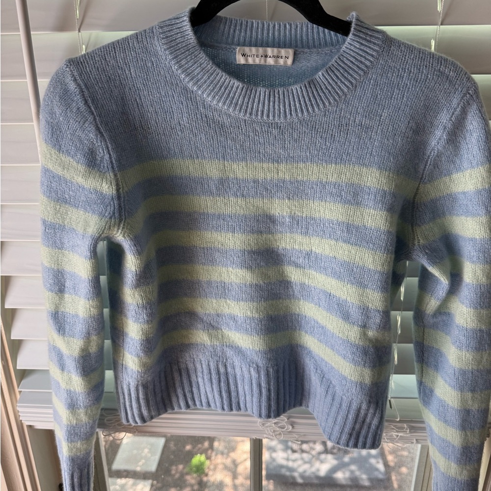 White + Warren Blue and Cream Crew Neck Sweater